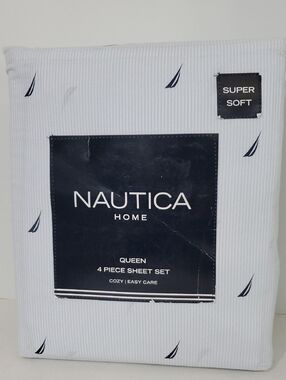 Nautica Queen White Pale Blue Sheet Set with Navy Sail Motif NWT